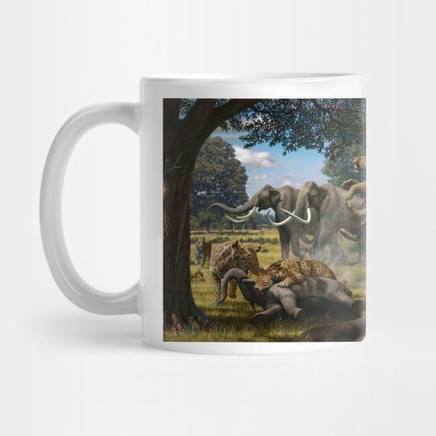 Mammoths and sabre-tooth cats, artwork (C010/3946) by SciencePhoto